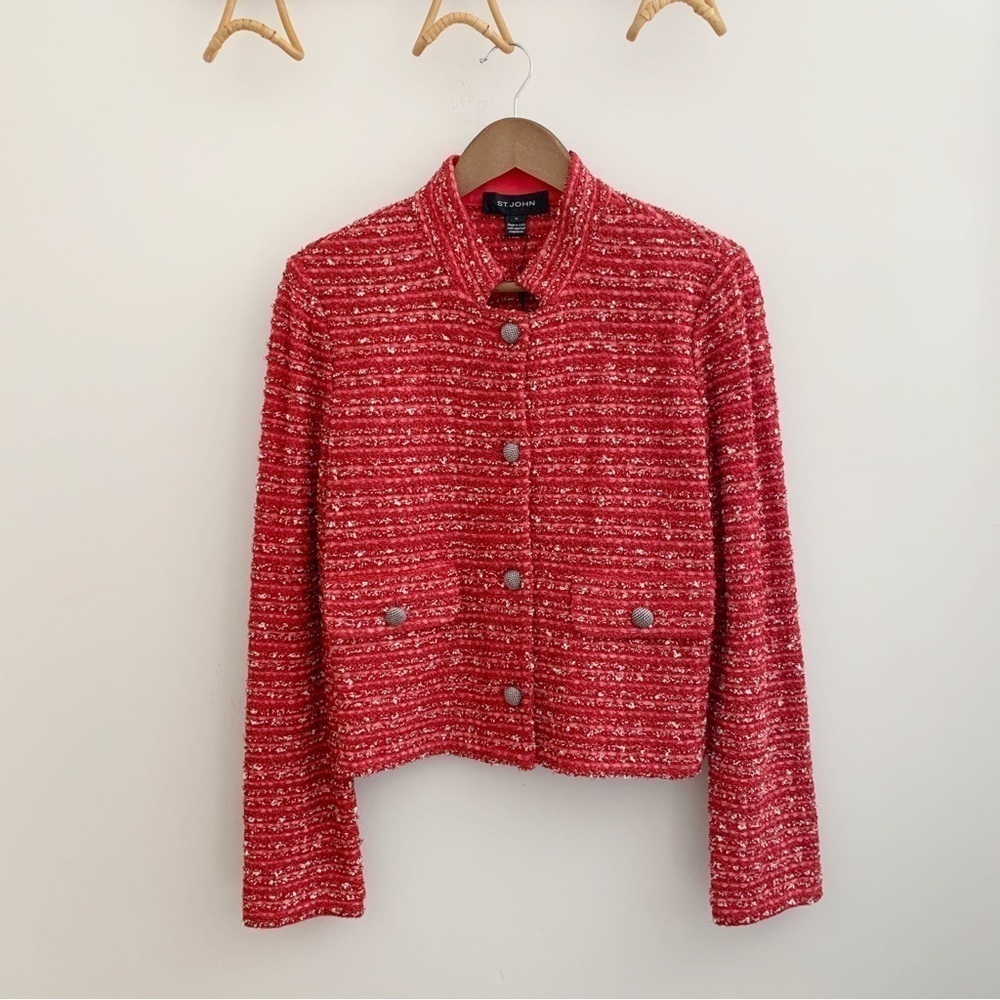 ST. JOHN Inlay Stripe Red Boucle Tweed Jacket Sz 10 NEW NWT